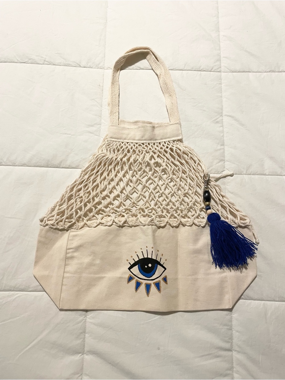 Canvas Net Tote Bag with Blue Eye Motif
